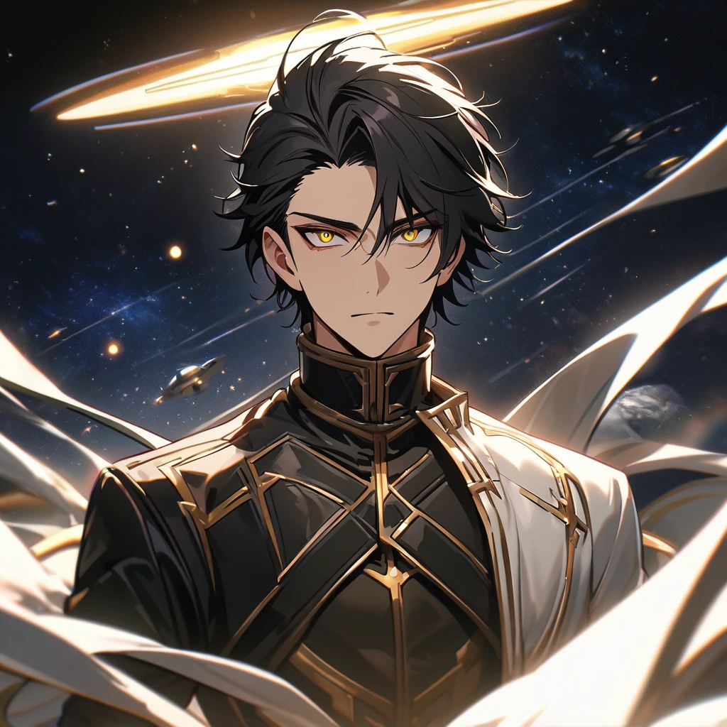 High quality, HD, 4k, no shadows, handsome male, handsome, 1male, 18 years old, 18yo, short black hair, dark hair, black hair, jet black hair, sharp eyes, deep golden colored eyes, dark gold colored eyes, deep gold eyes, gold eyes, devil may cry, close up, calm expression, stoic expression, black leather clothes, white leather clothing, lean and muscular body, well trained body, upper body, looking at viewer, cowboy shot, white solar, space background