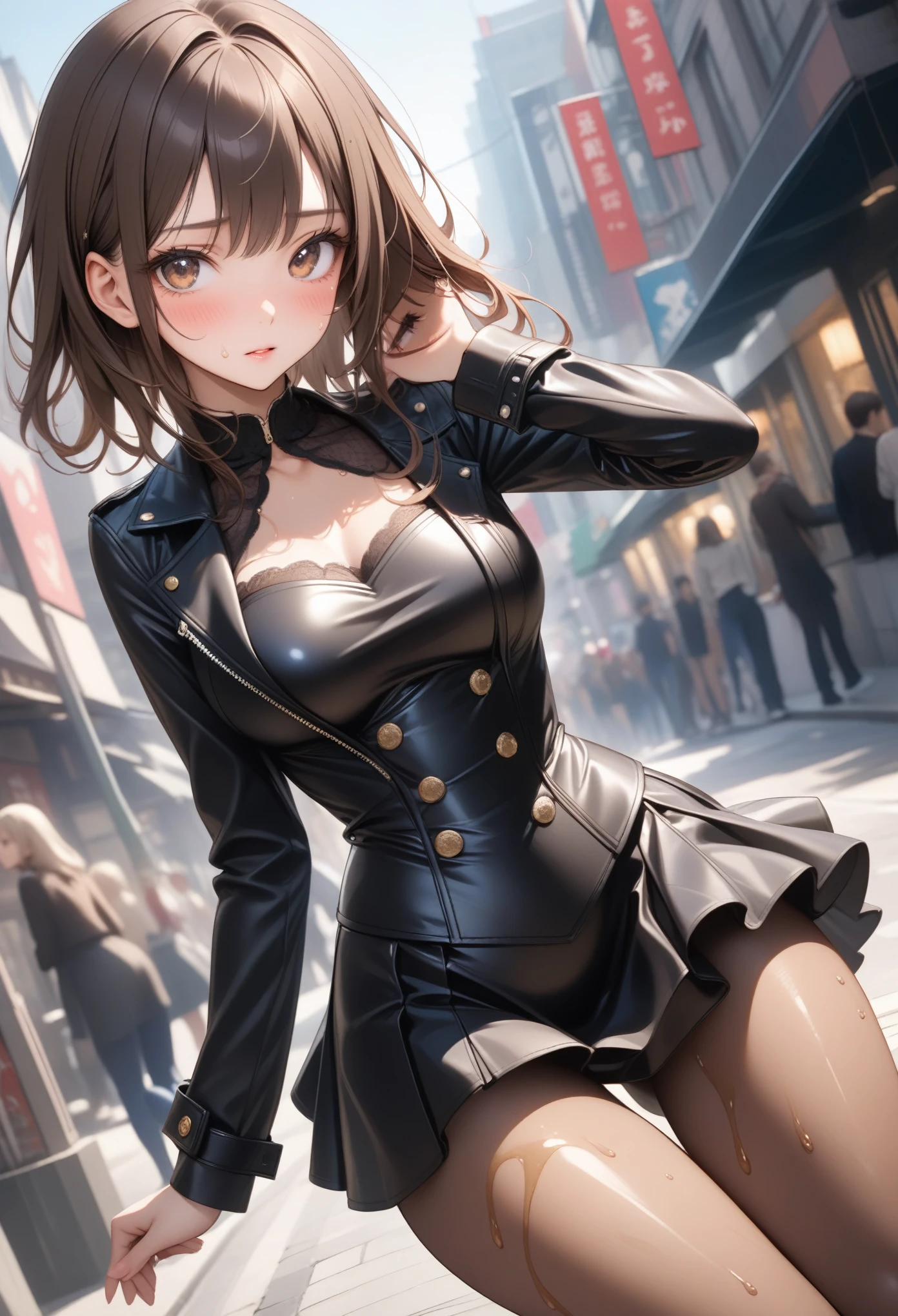 (((In the city))), ((Fashion Model), (((Black Leather Jacket))), (skirt), (pantyhose), corset costume)), , ((Shiny Costumes)), skindentation, skinny, solo, 1 woman, Masterpiece, highest quality, highest quality, 16K, incredibly absurd, highly detailed, 2.5D, ai-generated, delicate and dynamic, very delicate facial expressions, delicate eye depiction, erotic, only sexy woman, ((A cute and kind face)), healthy figure, ((25-year-old woman)), 160cm tall, medium firm swaying bust, Sweat,Embarrassed,sexy, ((thin thighs)),, (camel toe:0.7), , (Erect nipples,:0.7), shiny and lustrous, facing straight at viewer, (((in heat))), ((Oily_skin)), ((Lots of sweat)), (((Brown Skin))), ((dutch angle)), ((erotic pose)), ((City sidewalk in midsummer)),, (((Very dynamic pose))),