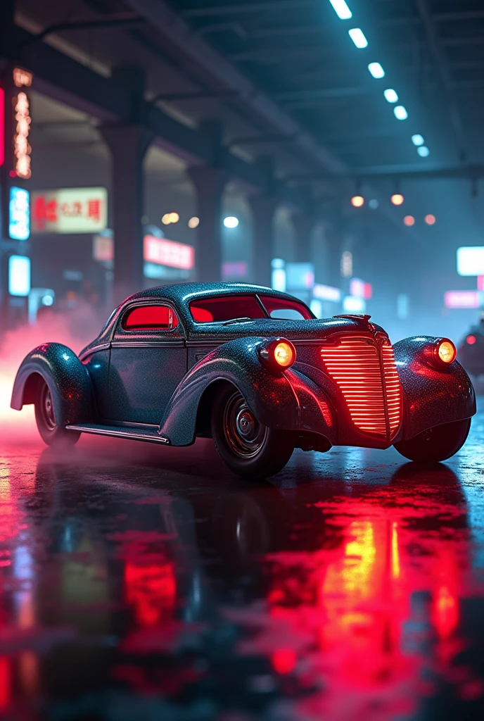 1940 old car, rocket bunny, sleek futuristic design, chrome accents, neon lighting, hovering above the ground, hyper-realistic, 8k, best quality, photorealistic, intricate details, cinematic lighting, dynamic composition, vibrant colors, deep shadows, glowing engine, impressive exhaust, gleaming metal finish, retro-futuristic aesthetic, stunning visual impact