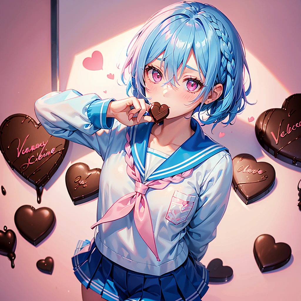 (Sky blue hair),(Braided short hair), (Pink Eyes),Fair skin) ,(whole body),(One Girl),(Embarrassed),(The background is a school classroom),(Handing over a heart-shaped chocolate),(Sailor suit),(valentine's day),(masterpiece, Highest quality, Very detailed, Best Shadow), (Detailed Background), (Beautifully detailed face), High Contrast, (Best lighting, Very delicate and beautiful), ((Cinematic Light)), Hyper Detail,8k, Dramatic Light, Intricate details,night,High quality