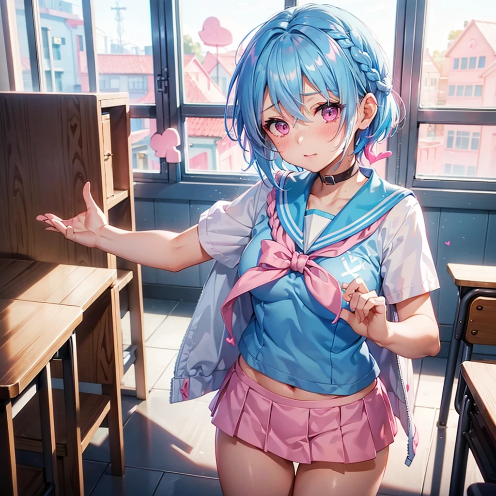 NSFW,masterpiece,Highest quality,High resolution,Super detailed,Star Town Suisei\(Hololive\),Blue Hair,One Side Ponytail,Blue Eyes,uniform,shirt,ribbon,mini skirt,Small breasts,School,locker room,Seduce,During class