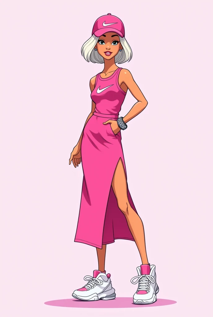 Cartoon Barbie with short white hair and brown eyes dressed in a pink calf-length dress with a slit on one side of the leg and the Nike logo on one side ,with pink nike cap , WHITE TENNIS
