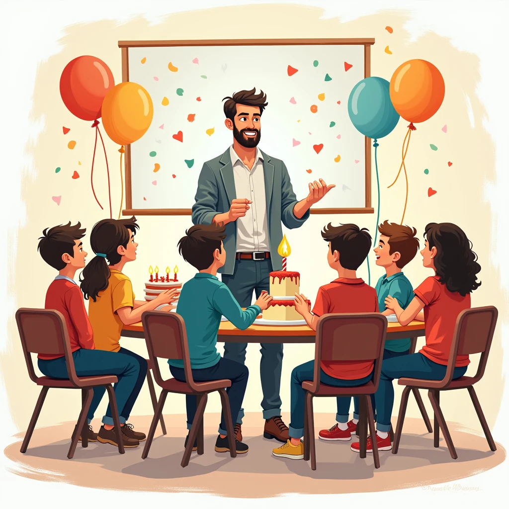 Create a drawing of a male teacher celebrating the school's anniversary with his students.