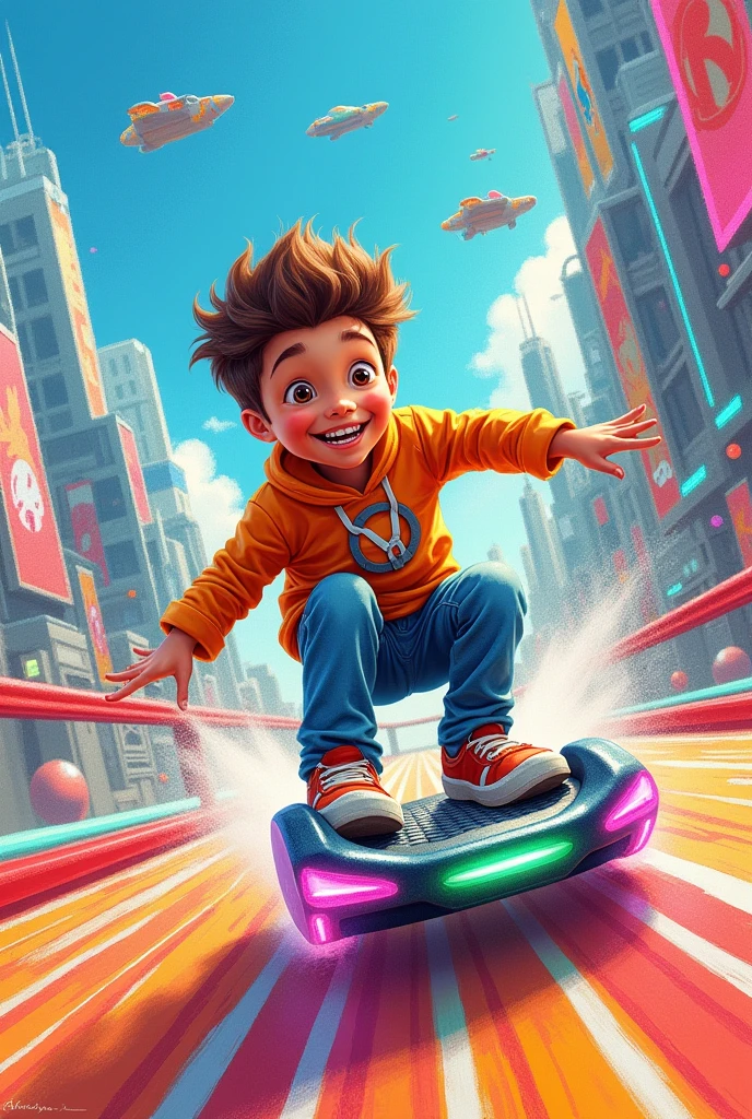 Create an original colored pencil drawing, funny and unique of a very happy brown haired and brown eyed boy playing blade blazer