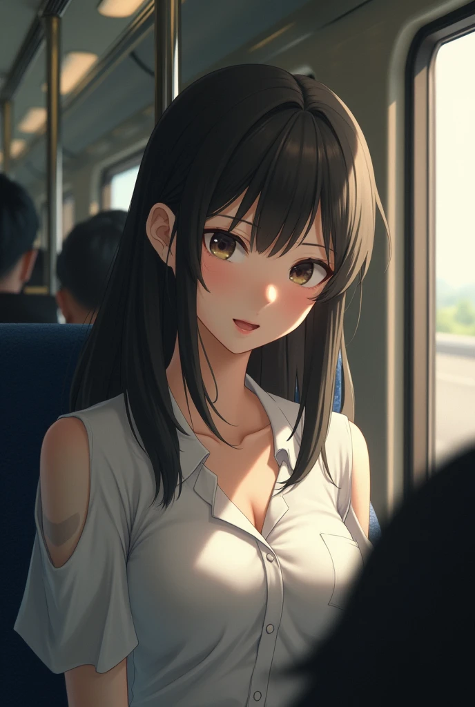 (Browsing Caution)、Highest quality、Ultra-high resolution、Small breasts、Perfect Face、Beautiful expression、Beautiful Face、Beautiful Eyes、18 year old high school girl、Idol face、Beautiful black hair、No bra、Button-down shirt、Off the shoulder、Mini Pleated Skirt、Inside a crowded train with sunlight streaming in、In a crowded train、(There are many men on the train.、A man molested a high school girl on a train)、((((A middle-aged man standing behind a woman、The man reaches out and touches the woman&#39;s breasts.、Button-down shirt))))、(put in)　、(Ejaculation into the body、Massive ejaculation)、Expressions of fear、Blushing、Touched by various hands、Touched by many hands、The viewer extends his right hand、The man has a vulgar look、Dick、The people in the background all have ripped clothes.、Man hugging、