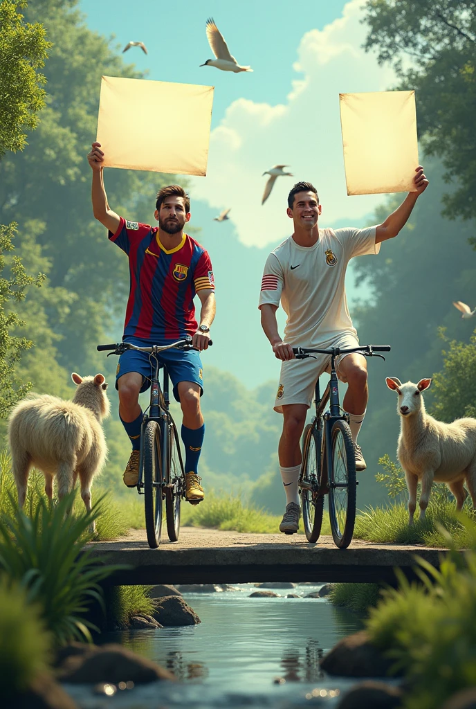 Lionel Messi and Cristiano Ronaldo riding bikes in a paradise full of goats, waters, etc. but it is noticeable that it is them but Ronaldo with the Real Madrid shirt but the water is a river and they are crossing a river and the goats in the field from afar are seen with birds etc. but it is seen how they have a save in one hand and in the other they are putting a sign on the road as if for advertising but they look in front of them but the sign is something big and has nothing written on it and they are on a bridge 
