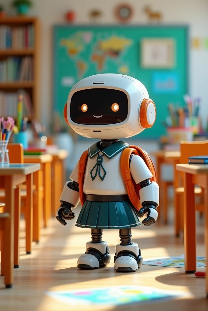 A cute school uniformed robot that organizes and distributes art supplies for students in a classroom with all the basic robotic parts and art supplies on its pouch and backpack