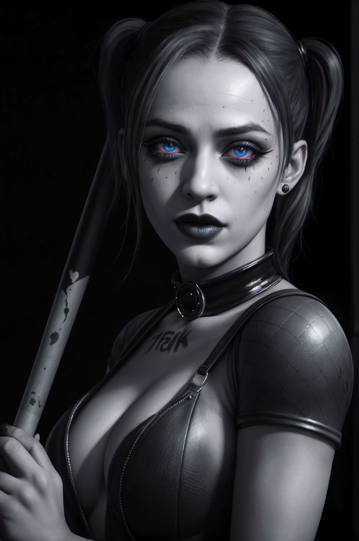 Harley Quinn, beautiful detailed eyes, beautiful detailed lips, extremely detailed face, long eyelashes, black outfit, ultra-sexy, holding baseball bat, explosion in the background, dark gritty atmosphere, cinematic lighting, chiaroscuro lighting, highly saturated colors, (best quality,4k,8k,highres,masterpiece:1.2),ultra-detailed,(realistic,photorealistic,photo-realistic:1.37)