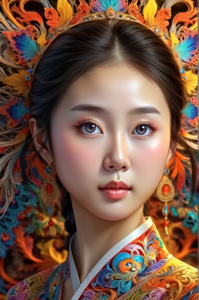 A beautiful highly detailed fractal art portrait of a Chinese girl, intricate colorful fractal patterns, masterpiece, 8k, photorealistic, ultra-detailed, sharp focus, physically-based rendering, vivid colors, studio lighting