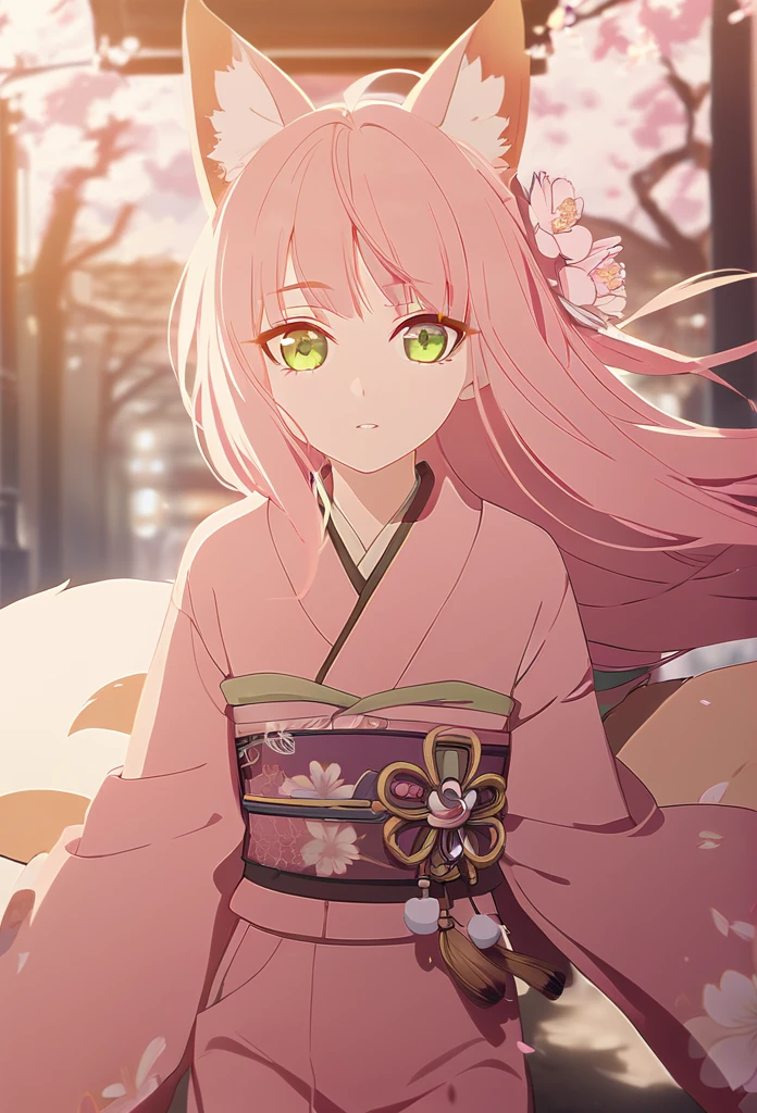 a young kitsune girl with long pink hair and green eyes, beautiful detailed eyes and face, extremely detailed, long kitsune ears, large and long pink tail, wearing a kimono in a cinematic composition, running down a street filled with flowers and sakura trees, soft lighting, warm color palette, dramatic lighting, highly detailed, intricate details,