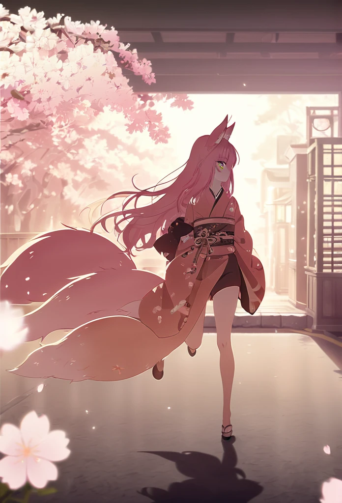 (masterpiece, Highest quality, Highest quality, Official Art, beautifully、aesthetic:1.2),One girl, tattoo, alone, kimono, hair ornaments, Pink Hair, 背中一面 tattoo, 綺麗なflowerのtattoo, Violet Eyes, Off the shoulder, Bare shoulders, Recall, From behind, flower, View your viewers, Holding, compensate, indoor, Pink cat ears, Plump Ass, (show your butt hole:1.8)