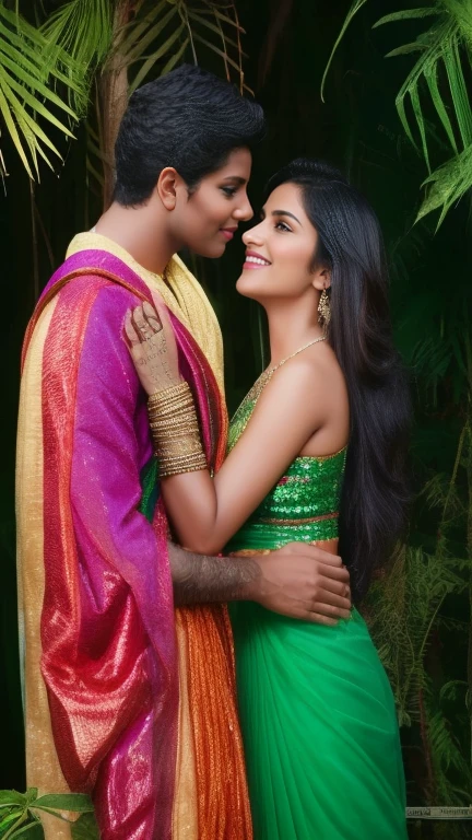 1 girl, 1 boy, passionate romantic kiss, 2 beautiful indian women, colorful sequin sarees, lush tropical gorge landscape, (best quality,8k,highres,masterpiece:1.2),ultra-detailed,realistic,photorealistic,photo-realistic:1.37,intricate details,cinematic lighting,dramatic shadows,vivid colors,ornate jewelry,detailed fabric textures,elegant poses