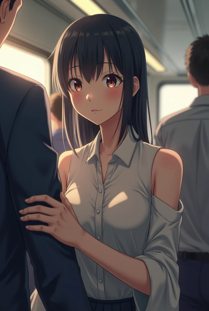 (Browsing Caution)、live-action、Highest quality、Ultra-high resolution、Small breasts、Perfect Face、Beautiful expression、Beautiful Face、Beautiful Eyes、18 year old high school girl、Idol face、Beautiful black hair、No bra、Button-down shirt、Off the shoulder、Mini Pleated Skirt、Inside a crowded train with sunlight streaming in、In a crowded train、(There are many men on the train.、A man molested a high school girl on a train)、((((A middle-aged man standing behind a woman、The man reaches out and touches the woman&#39;s breasts.、Button-down shirt))))、(put in)　、(Ejaculation into the body、Massive ejaculation)、Expressions of fear、Blushing、Touched by various hands、Touched by many hands、The viewer extends his right hand、The man has a vulgar look、Dick、The people in the background all have ripped clothes.、Man hugging、