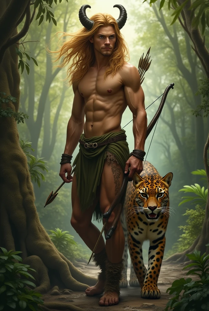 A young, handsome satyr with a bare torso and brown fur on his legs, hooves instead of toes. He has black eyes, long yellow hair, fluttering in the wind, Sideways bangs. He has a lowered bow with an arrow. Next to him, a kind jaguar. Background impenetrable jungle