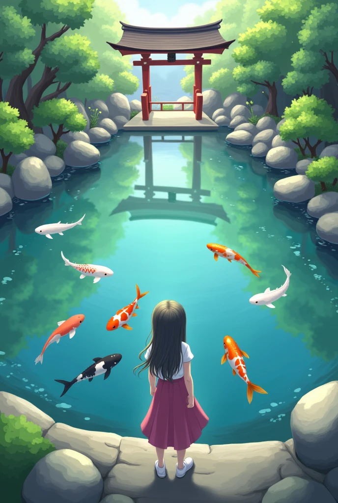 1girl, looking at the viewer, water, pond, lake, shrine, koi