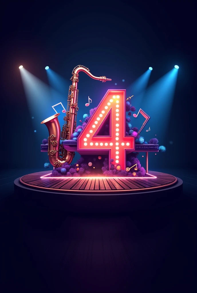 Logo. Musical with the name project 4 in the background some piano keys and a saxophone ON a stage with lighting