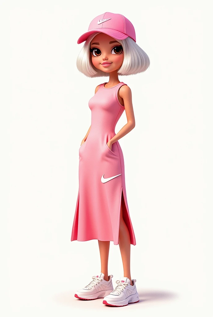 Cartoon Barbie with short white hair and brown eyes dressed in a pale pink calf-length dress with a slit on one side of the leg and the Nike logo on one side ,with pink nike cap , WHITE TENNIS,White skin