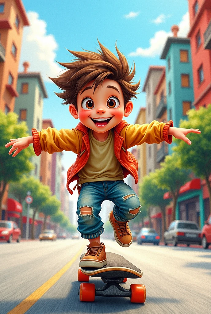 Create an original colored pencil drawing, funny and unique of a very happy boy with brown hair and brown eyes playing on a skateboard