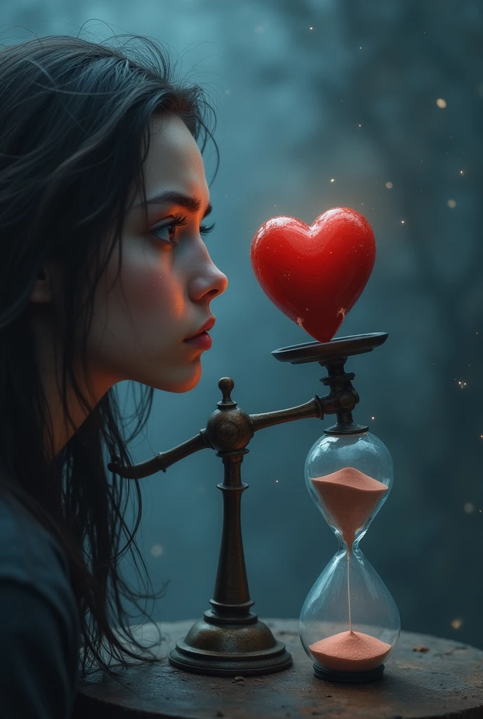 a person looking at the horizon with a sad expression, Watery eyes, Blurred background with blue and gray tones, Realistic style, "
"A heart divided into two halves, Each half on an opposite side of an unbalanced scale, Dark background with stars, Gothic style,"
"An hourglass with sand that drains quickly.