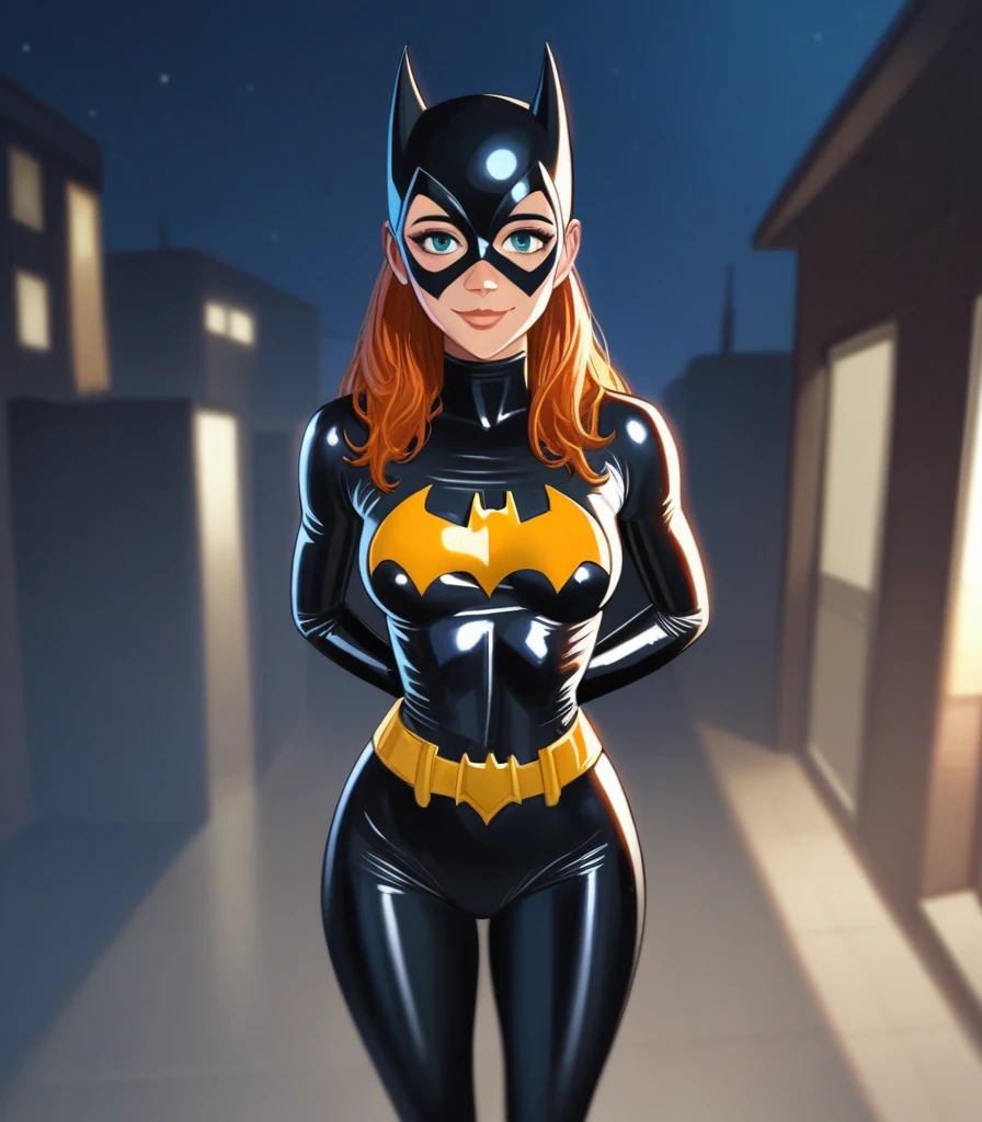 score_9,score_8,score_7_up,source_anime, shiny skin, oiled body, athletic body, 1girl, batgirl (DC), csr style, night, standing, facing viewer, looking at viewer, pov, arms behind back, tight catsuit, shiny latex catsuit , 