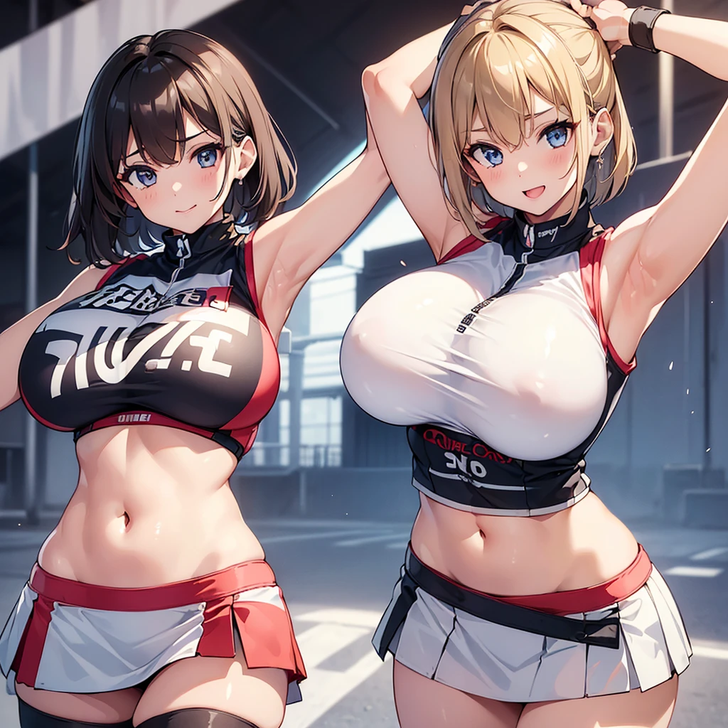 (((2young girls)))(((((race queen uniform)))))(((((sleeveless)))))(((miniskirt)))medium short hair((((large huge breasts))))((looking at viewer))(breasts focus)((((large huge breasts))))bad mood,(smile),best quality,ultra detailed,extremely detailed and beautiful,beautiful detailed eyes,
perfect anatomy,perfect hands,super detailed skin, masterpiece,((upper body))(thighs focus)(ass focus)((((navel exposed))))(white_panty)(seduce with breasts)(breast squeeze)(cum on breasts)(leaning forward)