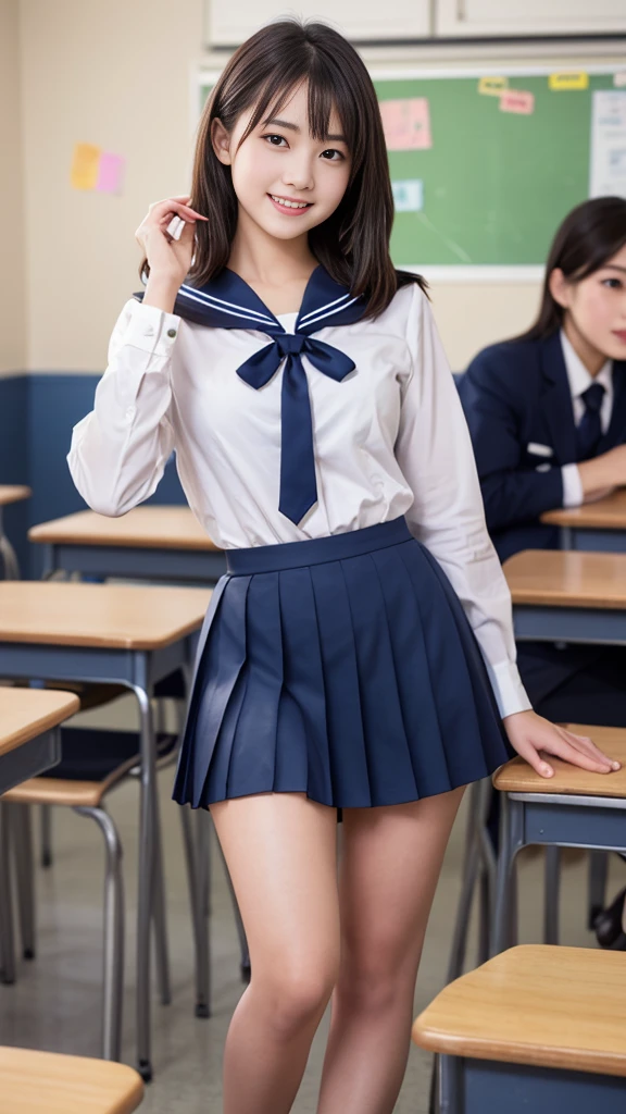 8k, Highest quality, The real picture, Intricate details, Very detailed, Ultra-high resolution, Depth Field,(Realistic,Realistic:1.5),Tabletop, Schoolで撮影 , girl, とても美しい15歳のgirl, Innocent single eyelids, A cup small breasts、(Very detailed目:1.0)、short hair, Perfect Skin, Fair skin, School, A slight blush, Laughing with your mouth open, ((School_uniform),(Sailor suit), (White shirt、Wear a ribbon), (Navy blue pleated skirt、Length to knee), (Sculptural installation :1.1), Schoolの教室, High school girl enjoying chatting with friends