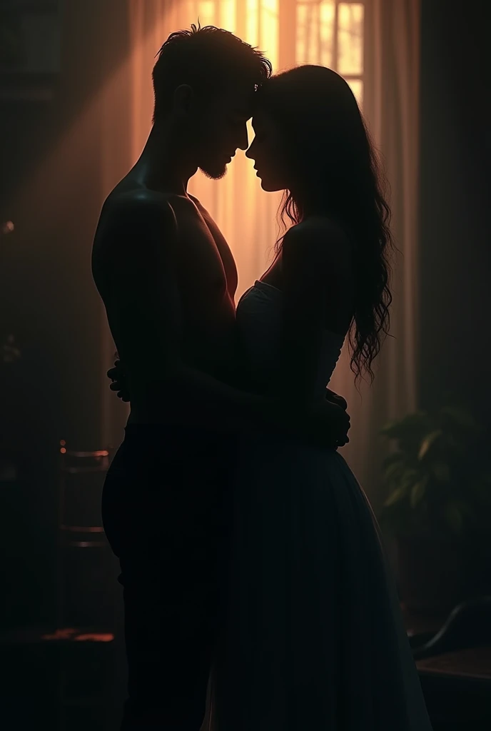Shadow of silhouettes of man and woman hugging 