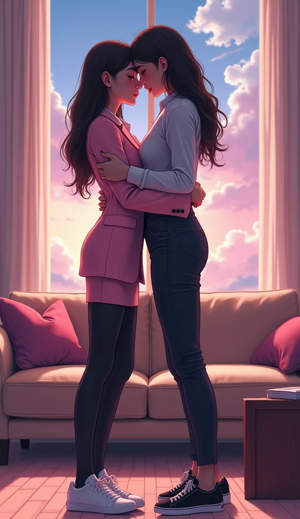 Two young women, yuri, lesbian, pink suit white shirt black pencil skirt black underpants, grey suit white shirt black pencil skirt black underpants, white socks, white adidas sneakers, hugging, closed eyes, french kiss, lesbian kiss, sensual body, lying on the bed, bedroom, cartoon novel, 4K, HD