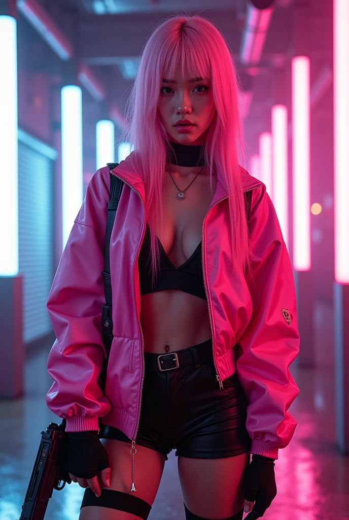 1 cyber punk girl, tech pink jacket, long shapeless, pink hair, best quality, masterpiece, ultra high res, (photorealistic:1.4), xiuxian, weapon, cleavage, (glowing neon lights:1.2) xiuxian, cowboy shot, ((east asian punk architecture))