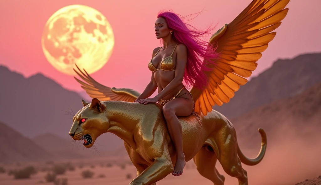 Woman with a Megan Fox face, with long hot pink hair, with huge sweaty breasts on display, her breasts are large and naked and sweaty. She is wearing only a golden thong and with huge bare breasts, riding a golden winged panther as the panther flies. The panther has red eyes like lit lights and huge wings. They are in a desert and the background has mountains and a pink sky with a huge full moon!, photo, cinematographic, fashion, vibrant, dark fantasies