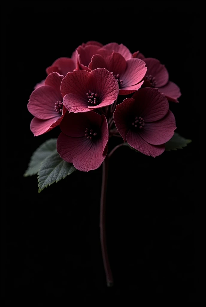 a very dark wine-colored hydrangea flower without green leaves or stem and with a black background, just a flower with 5 petals with a very real gothic style