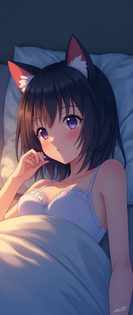 One Girl,Cat ear,,Pure,Obedience,beautiful girl,blush one&#39;s cheeks,White Bra,bedroom,night,Lying in bed