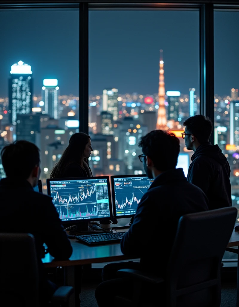 People analyzing the market, with graphs on a blackboard, more than 5 people, in an office with a view of Tokyo in December with the Christmas lights.