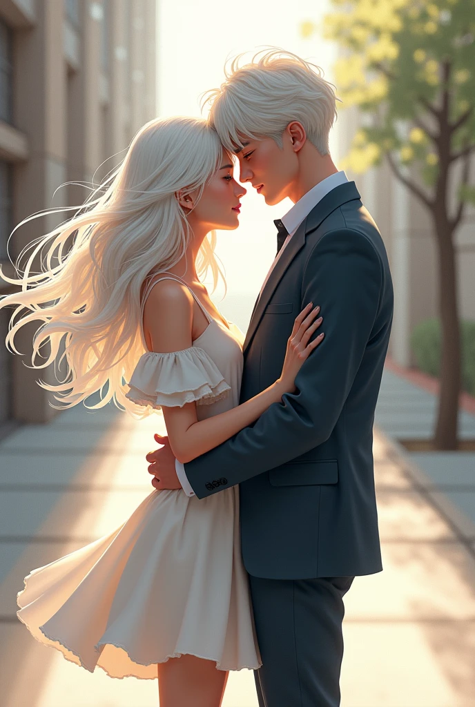 Couple, white hair woman, half white hair man, fluid illustration style, date, full body, school.