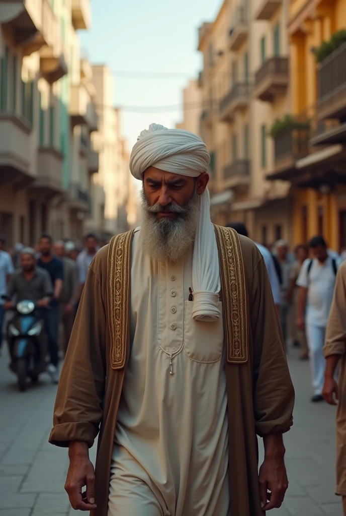 Create a realistic photo of Muslim man walking and lowering his gaze