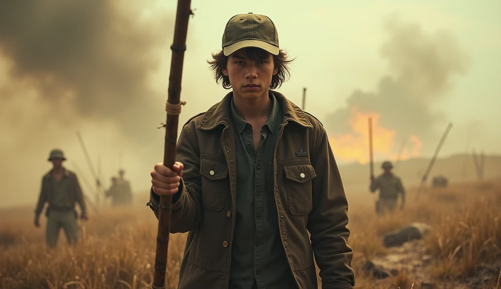 A film poster depicting a brave young man, wearing a jacket and baseball cap, wielding a sharpened bamboo stick on a battlefield with the words "Metamorfosis" written in capital letters in the centre,