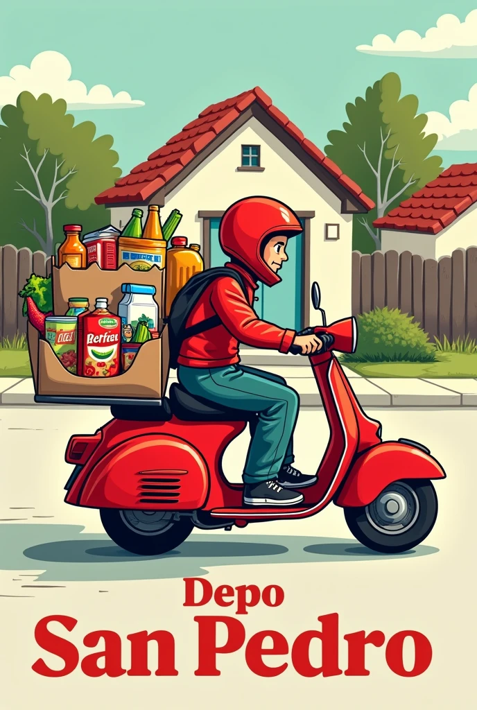 2d drawing Red delivery motorcycle with groceries and milk, cereal and bottled drinks, Behind her a house with a triangular roof and below the letters Depo San Pedro