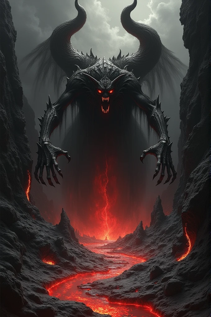 between shadow and fire, coming out with anger from the abyss, the horror of nightmares coming, the inferno devil released from restraints, full of revenge with the bloody dancing, the sinner's holy ambitions, the soul roaming around the decoration, picture art with black shadows as a frame, full picture without being cut , a masterpiece of dark art