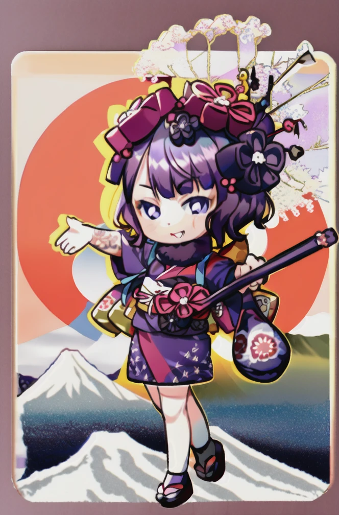 masterpiece, absurdres, uhd, 8k, 16k, best quality, whole body, 1girl, katsushika hokusai \(fate\), kimono, obi, hair flower, sandals, tabi, hair stick, fur collar, (perfect face), looking at viewer, open mouth, thin, thin legs, detailed sleeves, smile, scenery, ink, mountains, water, trees, (chibi style), chibi anime artstyle, ((super chibi)), (chibi)