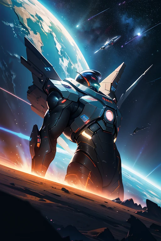 
A cyber space worker swimming in the space zone, a cyber spaceship, an angle where you can see part of a gas planet, three satellites, detailed textures, a magnificent universe, a scene from a space science fiction live-action movie, strong bloom , strong depth of field, 8K