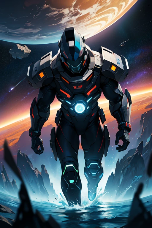 A cyber space worker swimming in the space zone, a cyber spaceship, an angle where you can see part of a gas planet, three satellites, detailed textures, a magnificent universe, a scene from a space science fiction live-action movie, strong bloom , strong depth of field, 8K