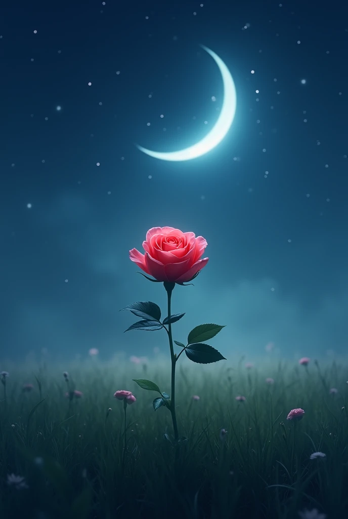 A beautiful rose alone in the field under a starry sky and moon
