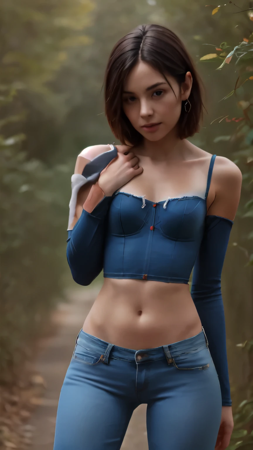 a 35 year old girl, with short  hair, front view , slim skinny woman, very slim body, open legs, slim hips, tanned skin,High Quality, sensual model, Wearing a   (daring tight cotton bodice:1.7),(off-shoulders:1.5), (amazing cleavage), (elbow squeeze:1.8), (arms down:1.3),  (small breasts), (tight low rise denim pants), slim hips, hips and groin showing, open legs, low afternoon light, forest, dark ambient, low light, mistery scene  