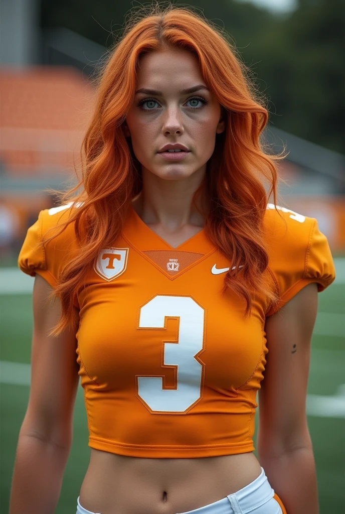 A photo of Annabelle Stewart, a kicker for the female Tennessee Volunteers football team. Number 3. Busty Redhead