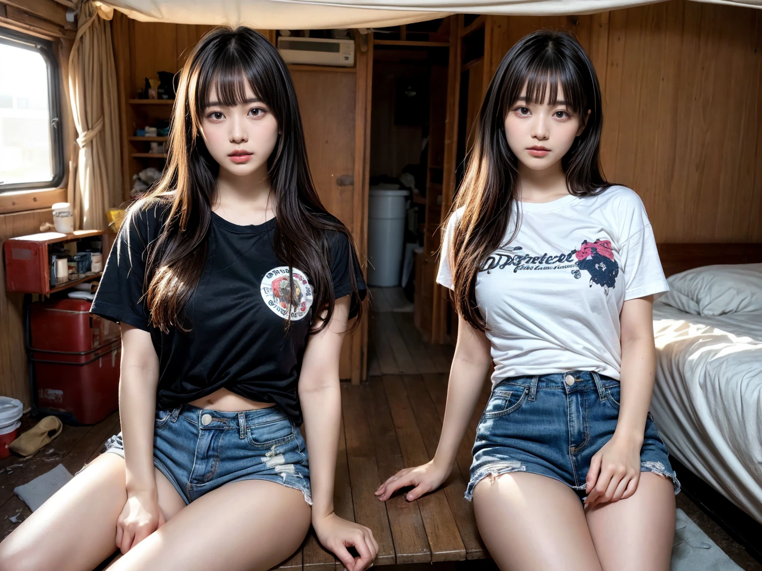 masterpiece, best quality, illustration, Super detailed, fine details, High resolution, 8K,wall paper, perfect dynamic composition,(Details High quality, realistic depiction of eyes:1.3), (2 girls), Tattered clothes, (The collapsed room), (Inside the barrack tent), (wearing a tattered and dirty t-shirt.:1.1), Wearing baggy pants, dirty body, (Messy long hair), black hair color, Big Natural Color Lip,  crying a little、Harajuku style、20 year old girl、cute type、lolita, Gravure Idol, full body photo、focus on crotch, huge breasts