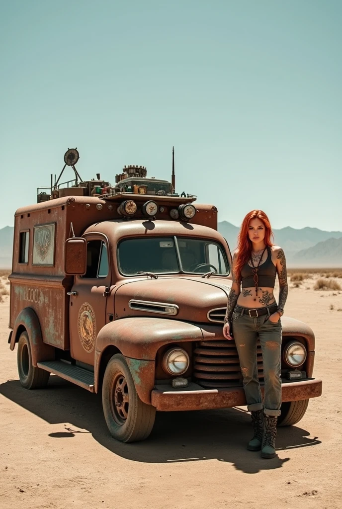 A barren landscape with a vast expanse of flat ground. Dominating the foreground is a rusted, vintage vehicle adorned with various tools, equipment, and decorative elements. The vehicle has a distinctive circular emblem on its side. Standing confidently next to the vehicle is a woman with vibrant red hair, tattoos, and wearing rugged attire. She has a determined expression on her face. The background reveals a clear sky with distant mountains, and the overall ambiance suggests a post-apocalyptic or desert setting.