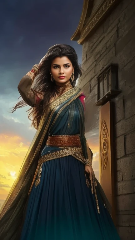 Visualize Razia Sultana, a determined and fierce woman, standing at the gates of a grand fortress. A stormy sky above her mirrors the turmoil in her life as she faces challenges and obstacles on her path to rule the Islamic empire in India. Lightning flashes, emphasizing the turbulent nature of her ascent.