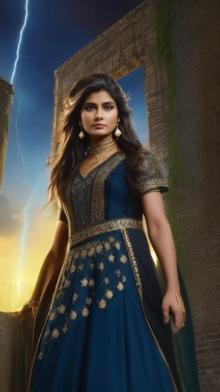 Visualize Razia Sultana, a determined and fierce woman, standing at the gates of a grand fortress. A stormy sky above her mirrors the turmoil in her life as she faces challenges and obstacles on her path to rule the Islamic empire in India. Lightning flashes, emphasizing the turbulent nature of her ascent.