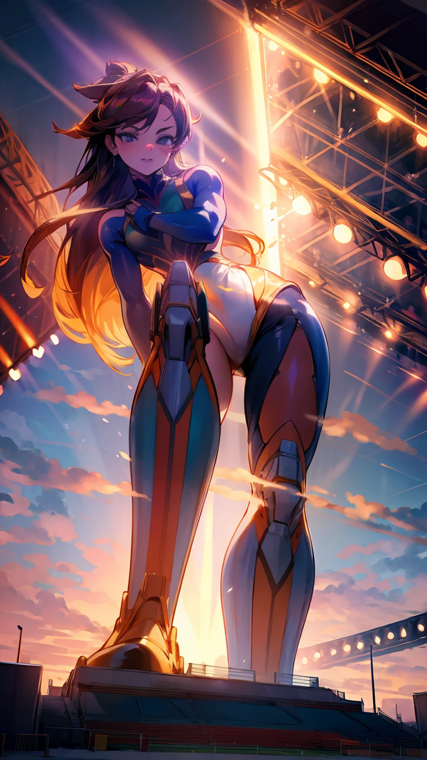 a cartoon of a woman with big breasts and large breasts, giantess art, giantess, macro giantess, hot fire giantess, giantess shot, extremely detailed giantess shot, highly detailed giantess shot, full body portrait of jean grey, posing in rock superhero pose, por Evan Charlton, powerful pose, perspective from below