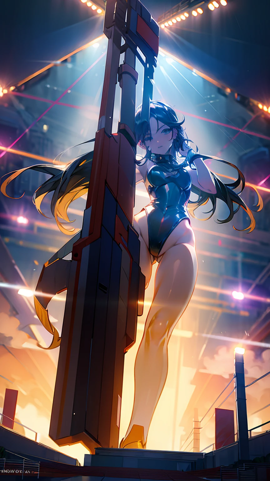 1 sexy giantess gymnast, performing in the middle of a stadium, mid-performance, wearing a sleek leotard, front view, bright stadium lights, large crowd in the background, athletic and toned body, confident expression, elegant pose, long hair tied back, high quality, highly detailed, masterpiece, dramatic lighting
